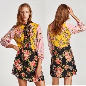 ZARA Women's Floral Patchwork Mini Dress Long Sleeve Multi Size Small